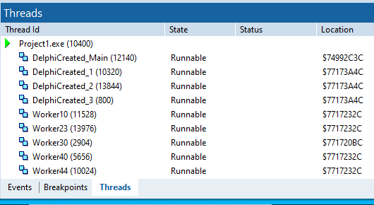 RAD Studio IDE thread list, named threads