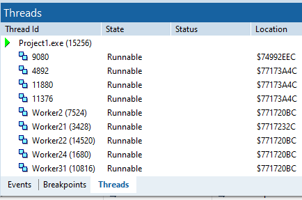 RAD Studio IDE thread list, not named