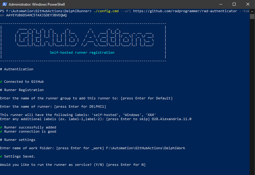 Run config.cmd to setup GitHub self-hosted runner in Windows
