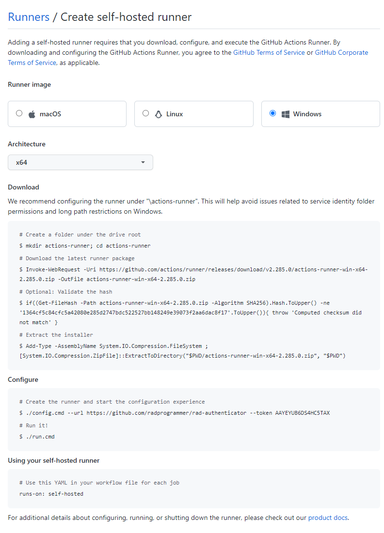 Example powershell script to install a GitHub self-hosted runner
