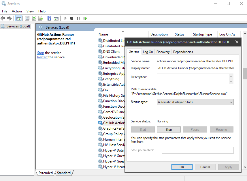 Viewing the GitHub self-hosted runner Windows Service