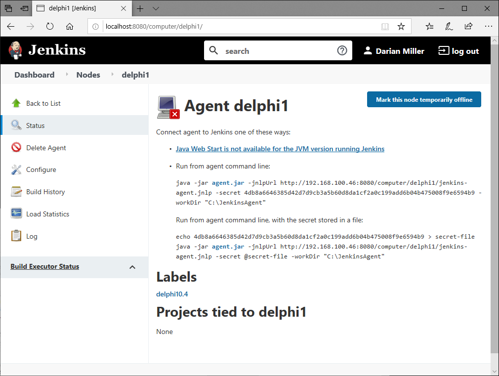 Jenkins Agent status screen