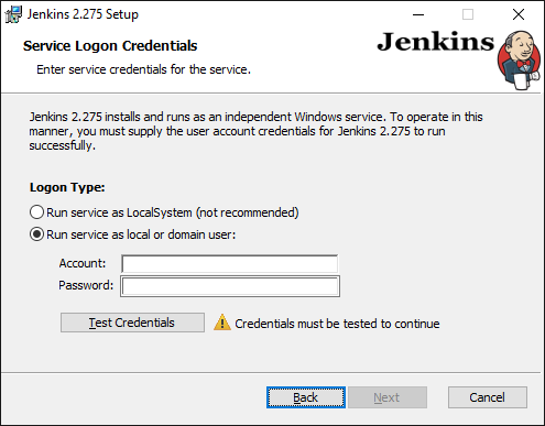 Jenkins Installer Wizard service logon credentials