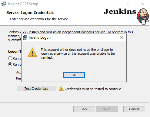 Invalid logon due to missing required privilege