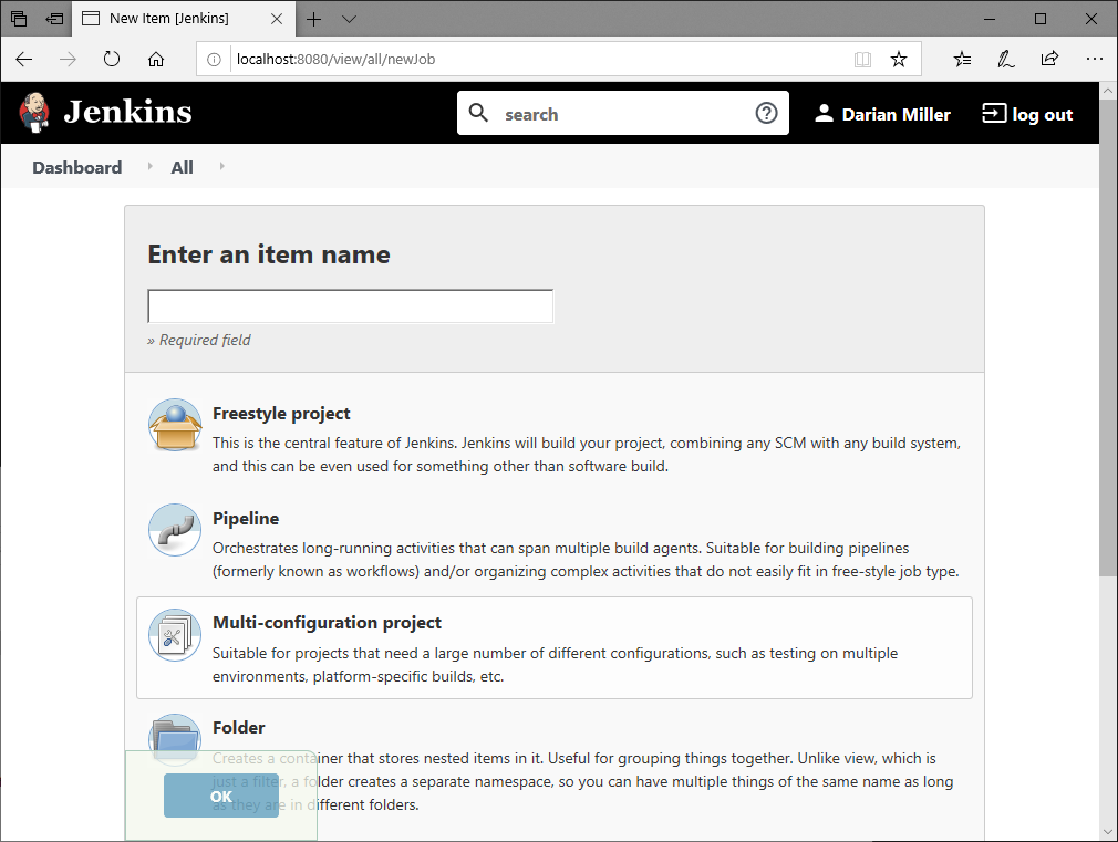 Jenkins New Item screen