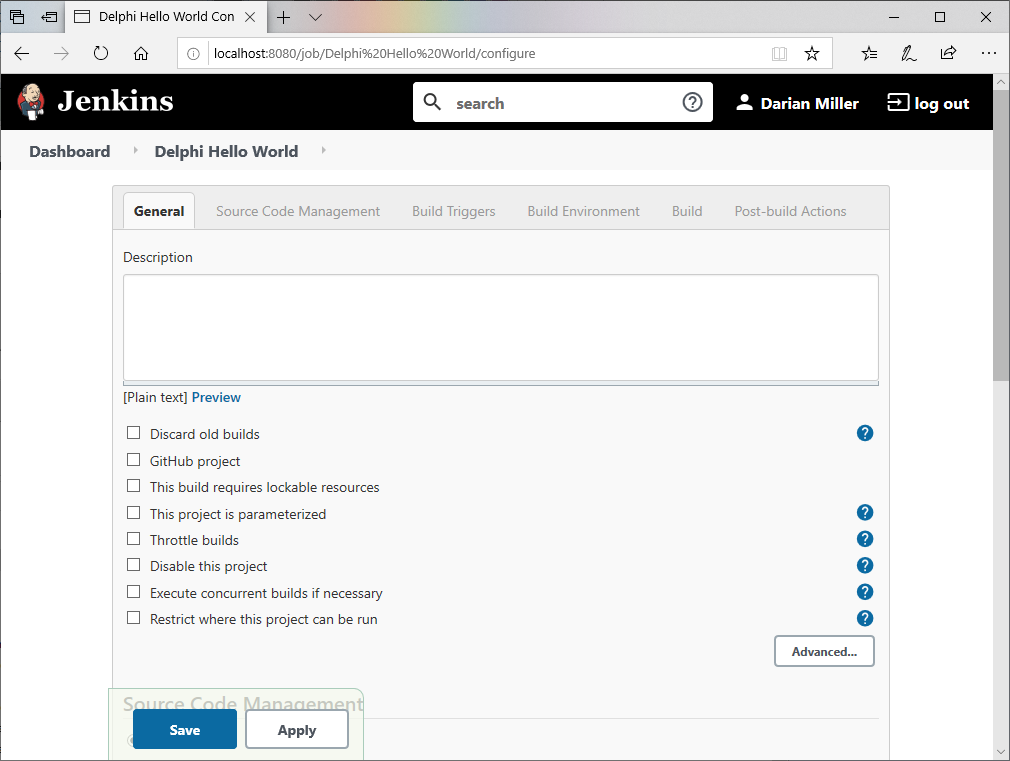 Default project configuration screen