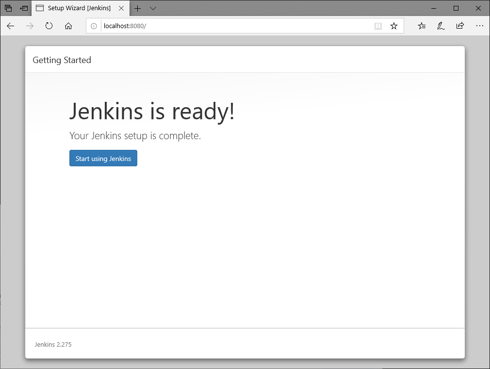 Jenkins Browser Setup Wizard - Jenkins is ready