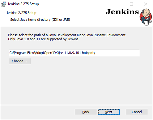 Jenkins Installer Wizard java home directory selection