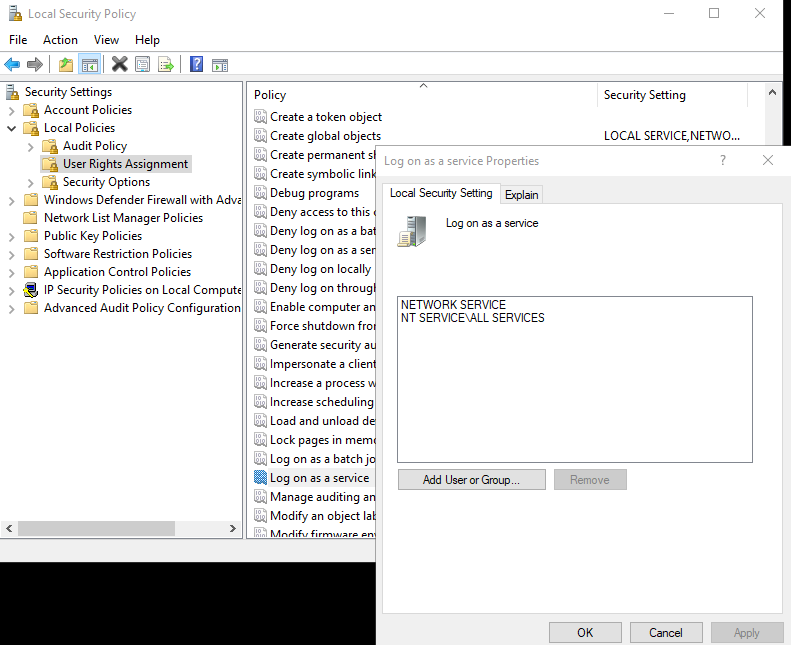 Local Security Policy - log on as a service