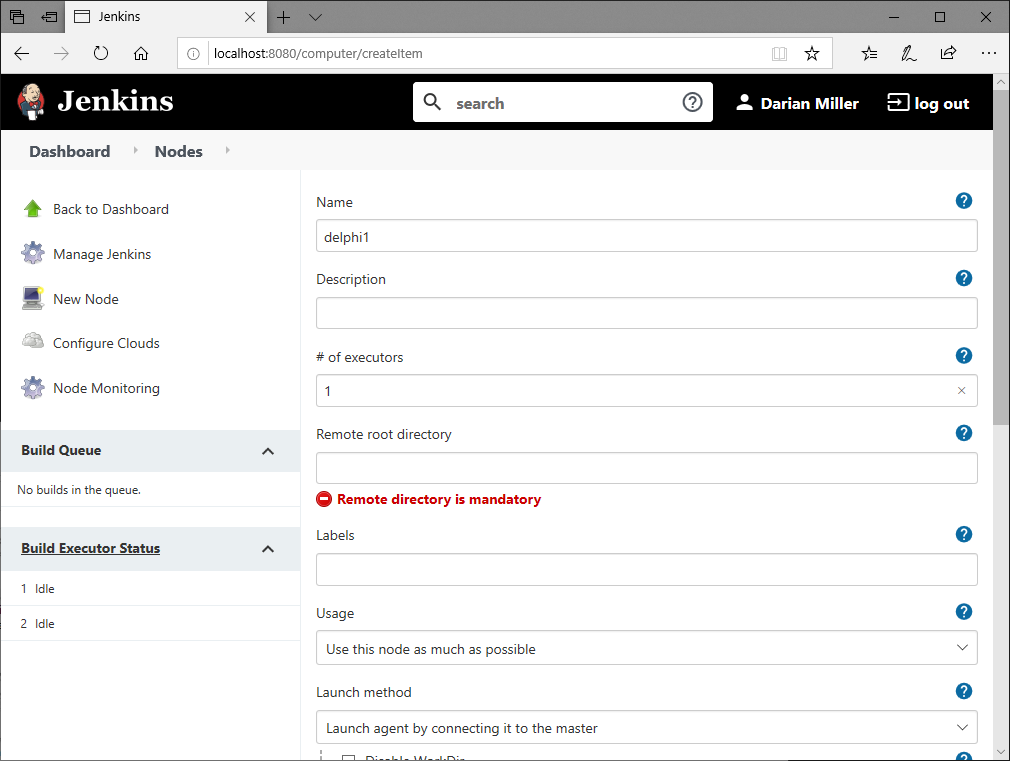 Node configuration screen