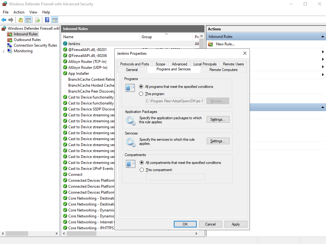 Windows Defender Firewall jenkins rule configuration