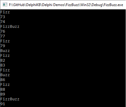 Running FizzBuzz example code in Delphi