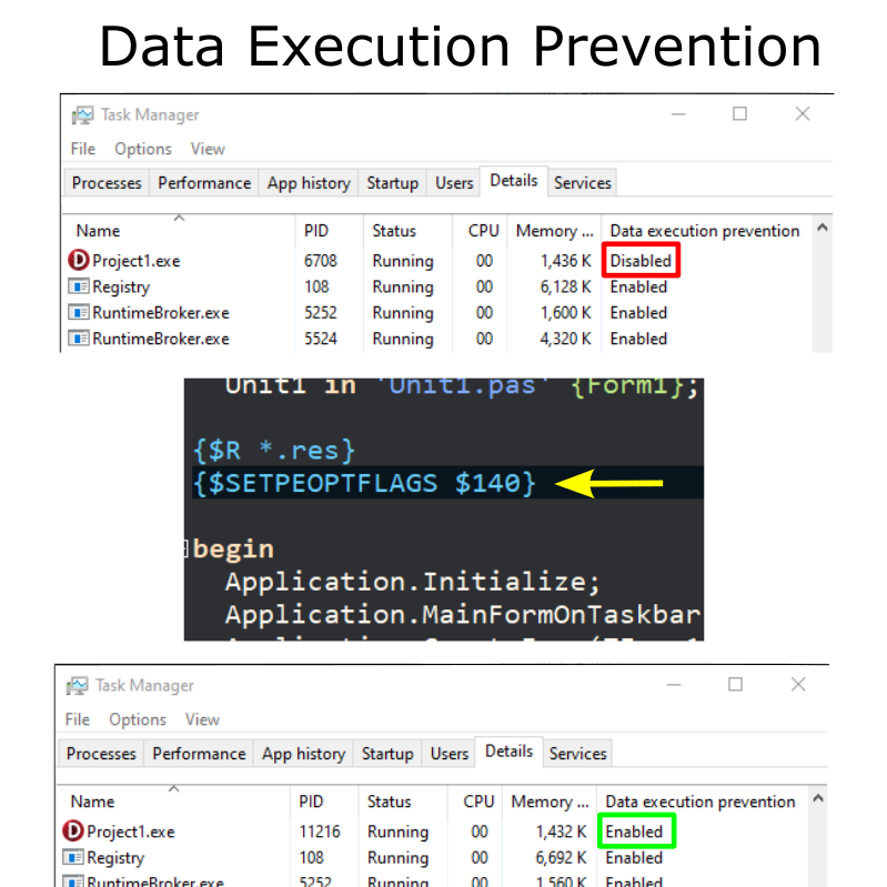 Enabled DEP in Delphi use SETPEOPTFLAGS