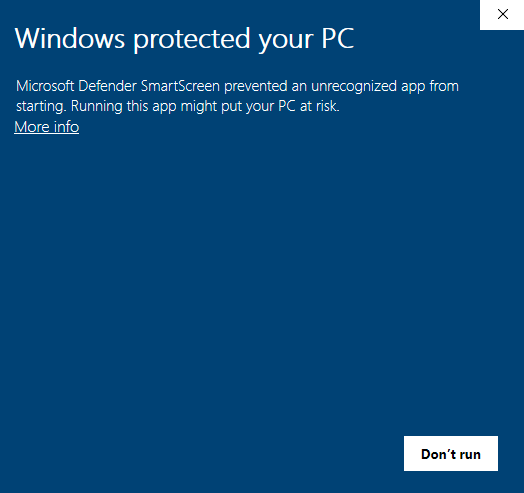 Screenshot of Microsoft Defender warning when running TestInsight installer