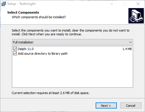 Screenshot select components on install