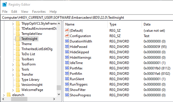 Screenshot registry settings for TestInsight