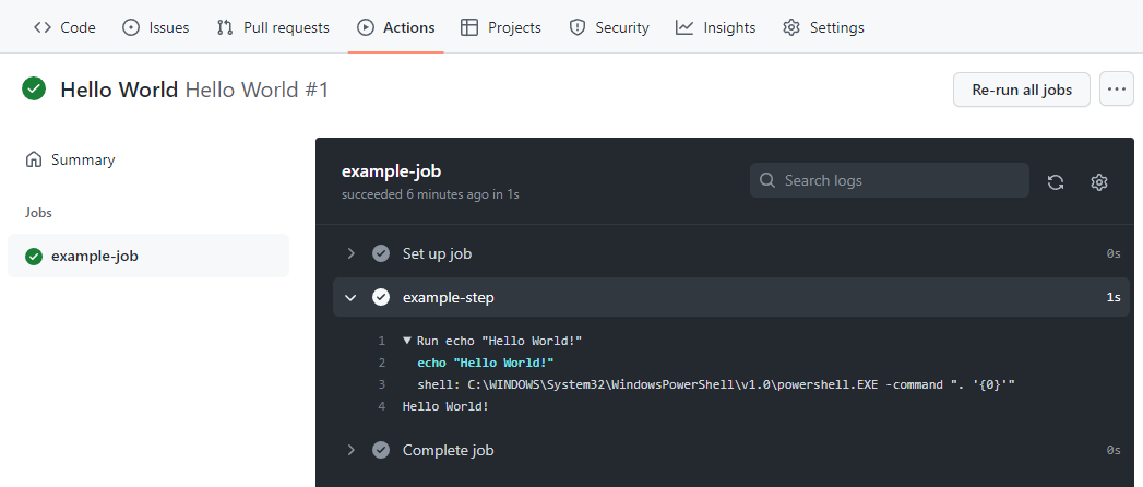 GitHub Actions example job detail log