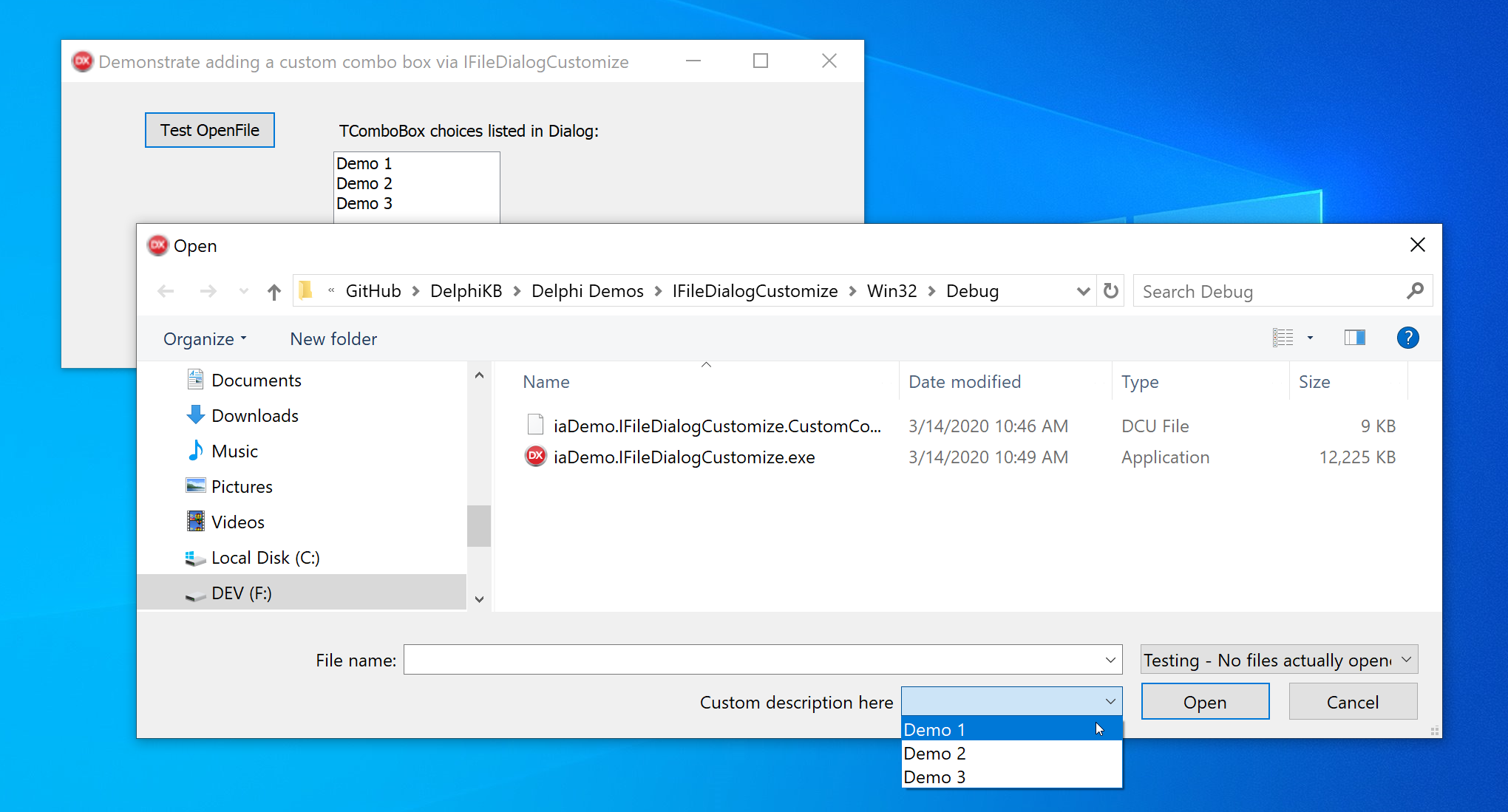Screenshot from example project demonstrating IFileDialogCustomize