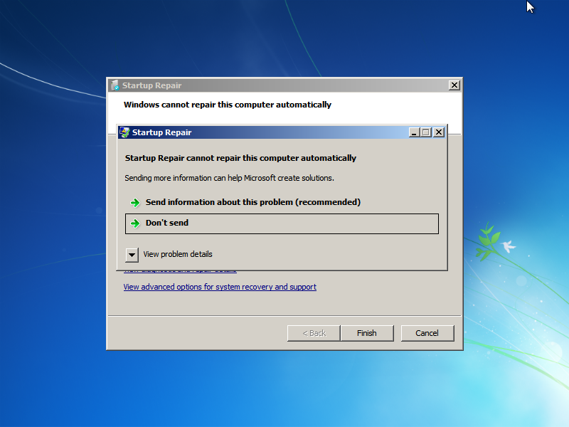 Startup Repair cannot repair this computer automatically screen