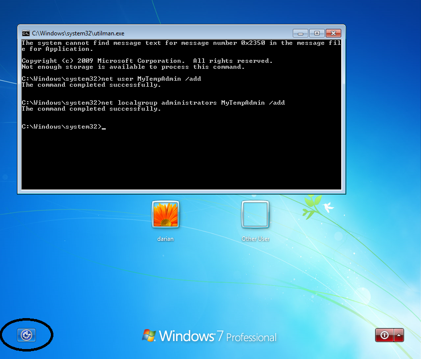 Screen showing the Utliman trick worked