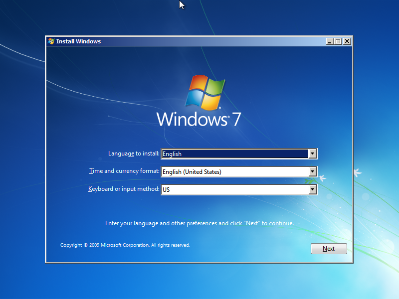 Windows 7 Setup Screen