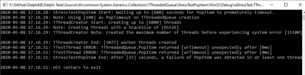 Screenshot showing stress test of TThreadedQueue