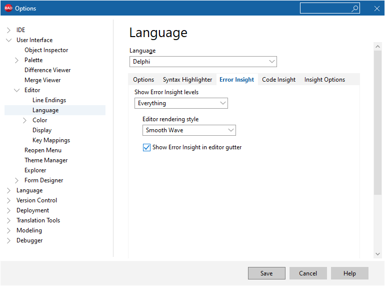 Delphi 10.4.2 Error Insight configuration page