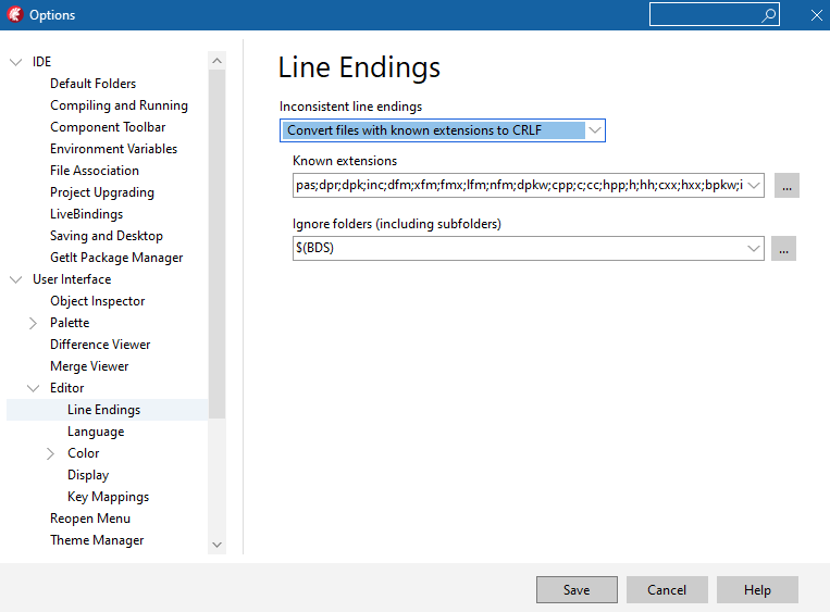 New config screen in Delphi 10.4.2 for configuring Line Endings