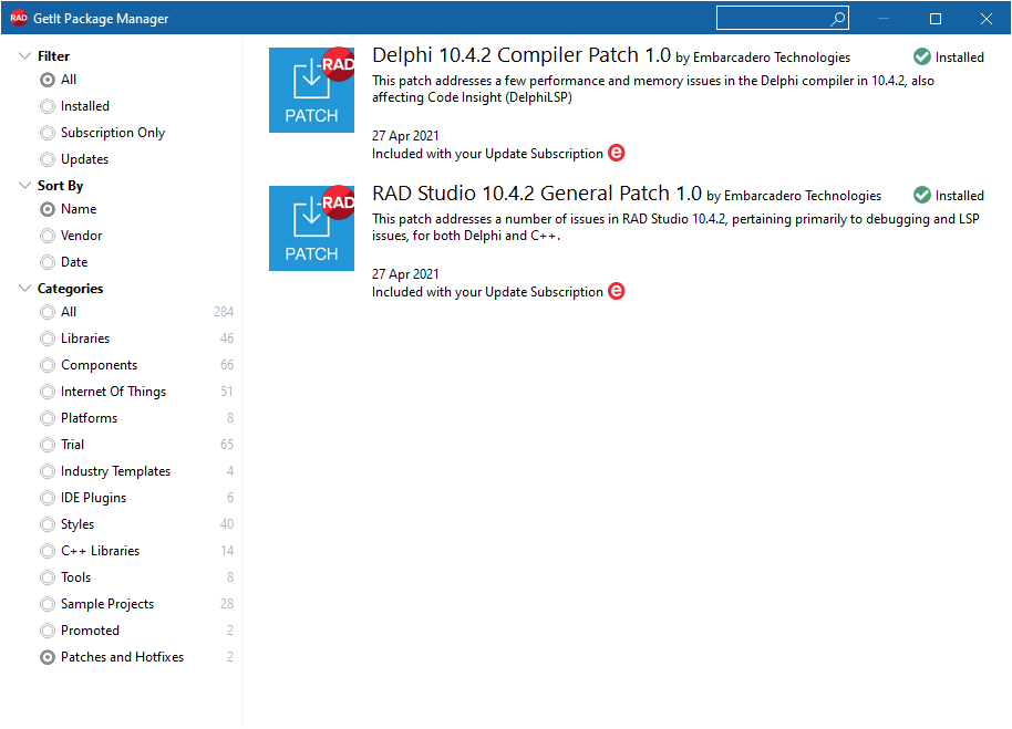 Screenshot showing Patch #1 and Patch #2 installed within GetIt Package Manager