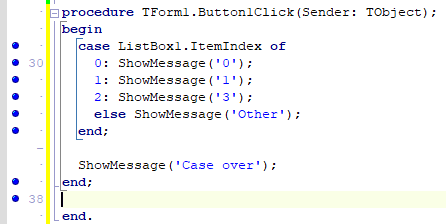 Example of the Blue Dot Problem. Dots in the editor gutter are one-off from source code lines.