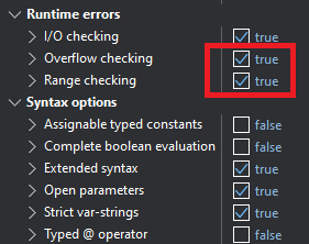 Screenshot of build config options with Overflow and Range checking enabled