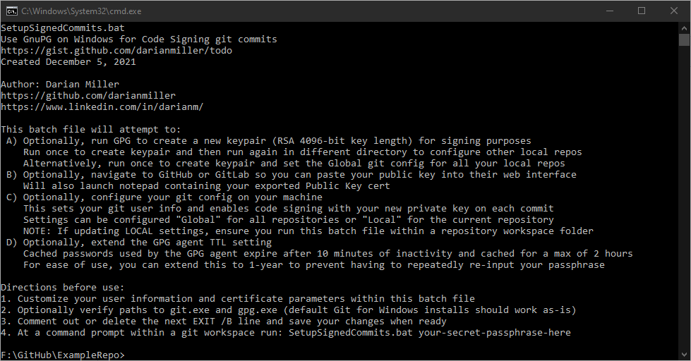 SetupSignedCommits.bat help screen for signing GIT commits on Windows