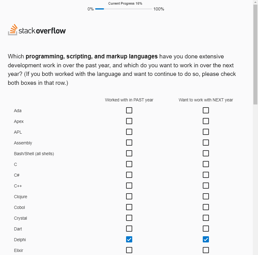 2023 Stack Overflow developer survey with Delphi checked